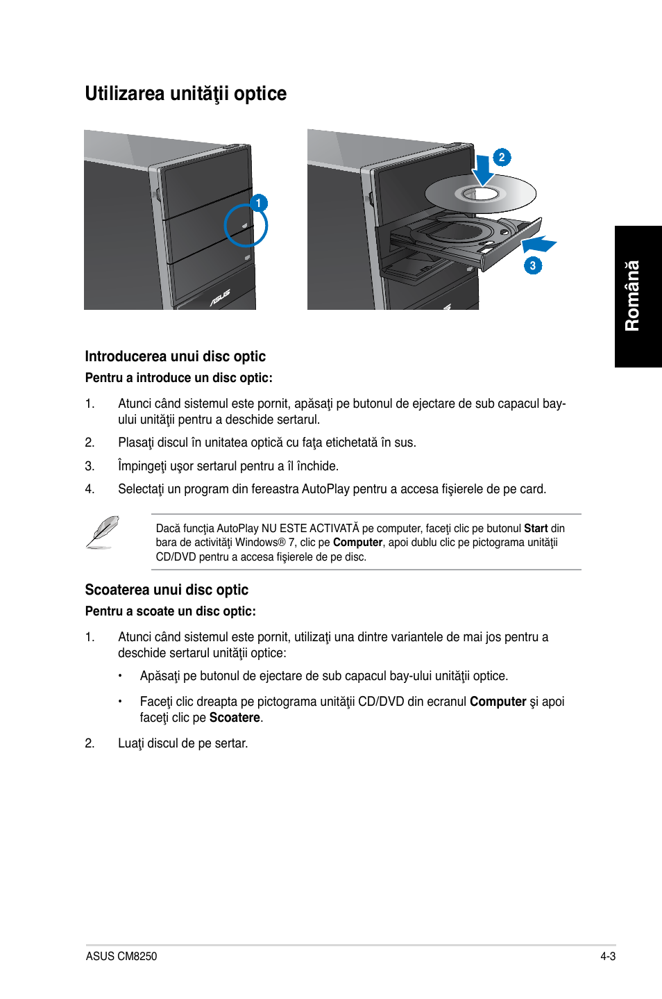 Utilizarea unităţii optice, Română | Asus CG8250 User Manual | Page 125 / 243