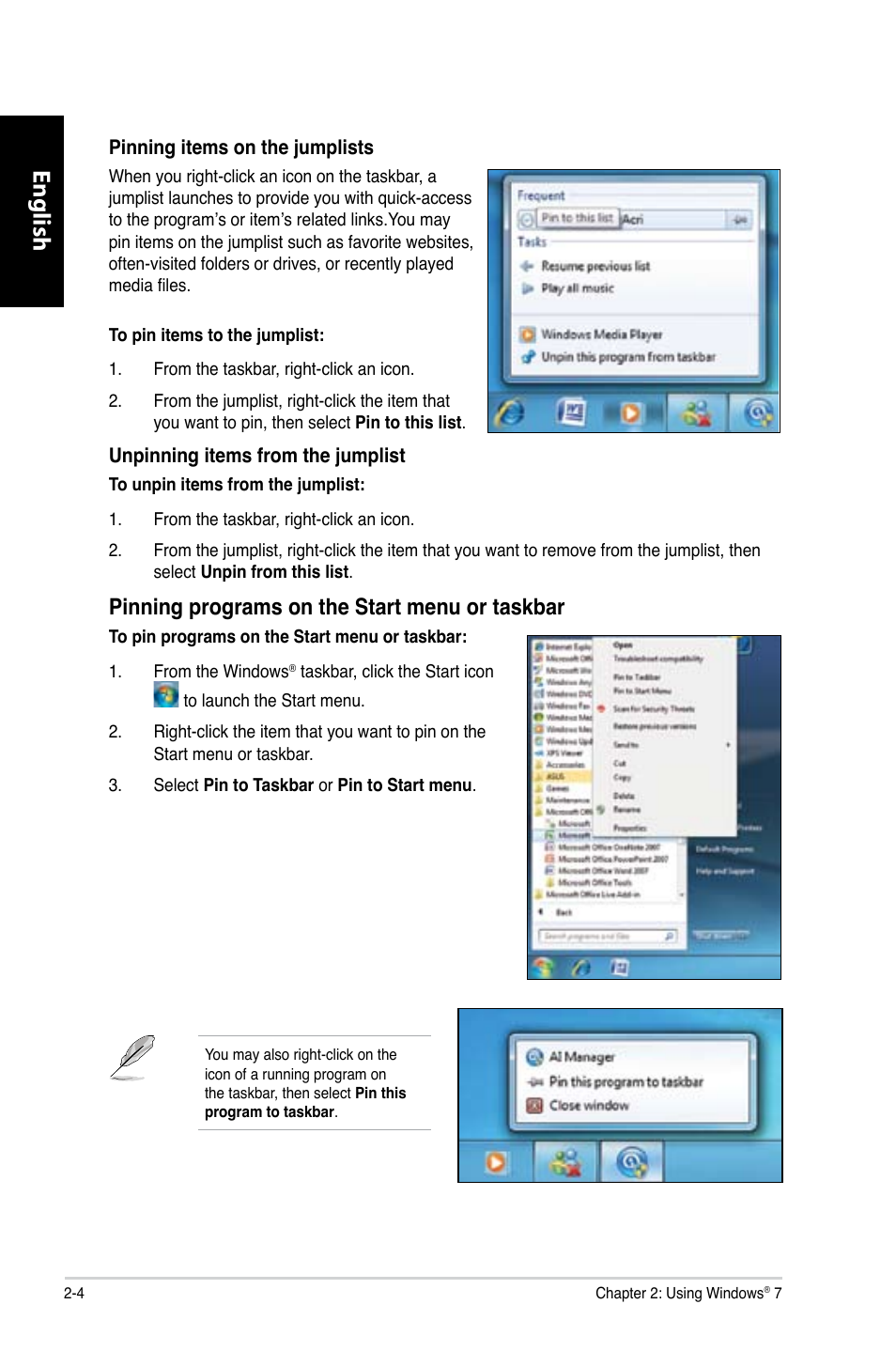 English, Pinning programs on the start menu or taskbar | Asus CG8250 User Manual | Page 22 / 243