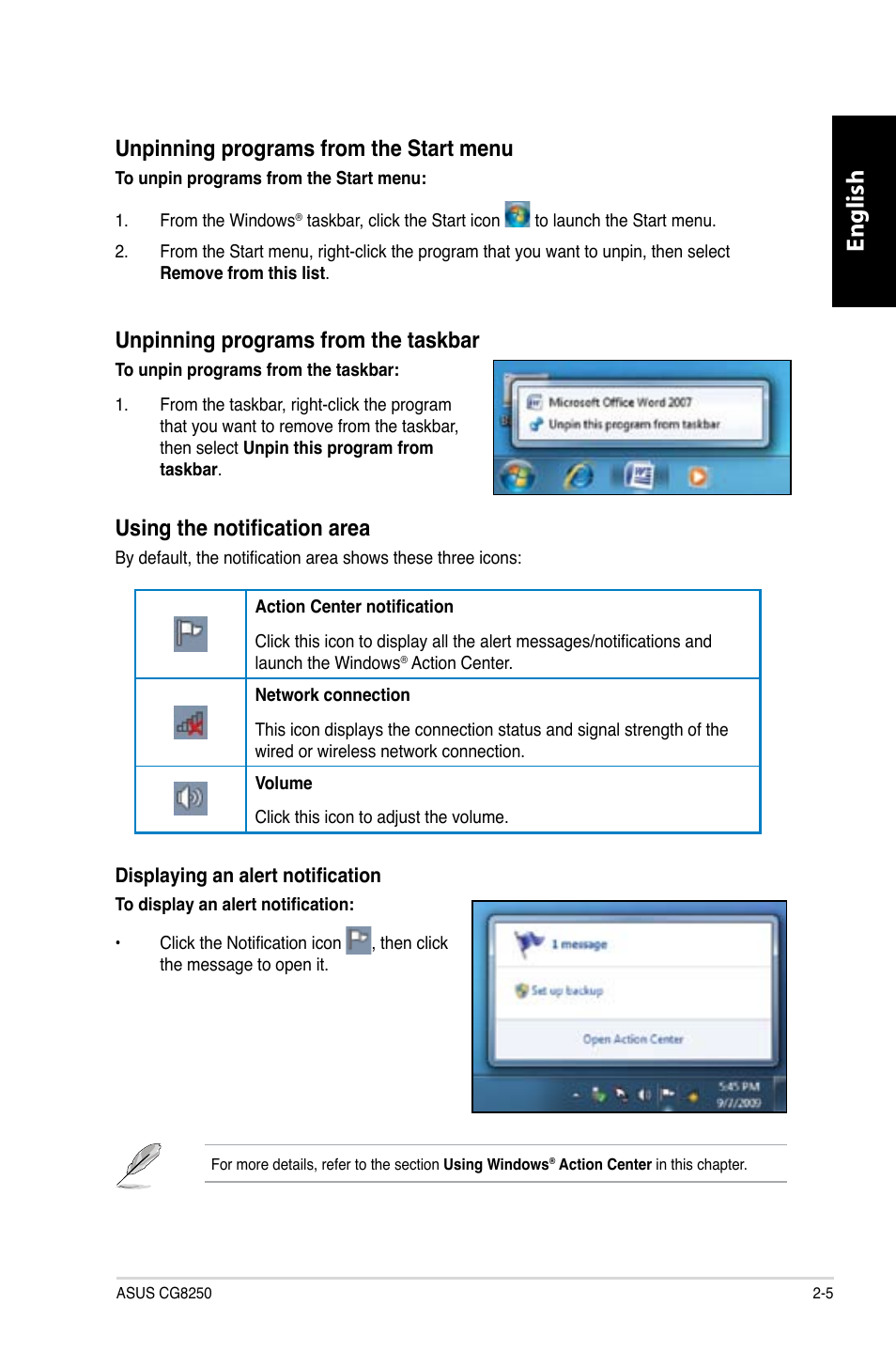 English, Unpinning programs from the start menu, Unpinning programs from the taskbar | Using the notification area | Asus CG8250 User Manual | Page 23 / 243