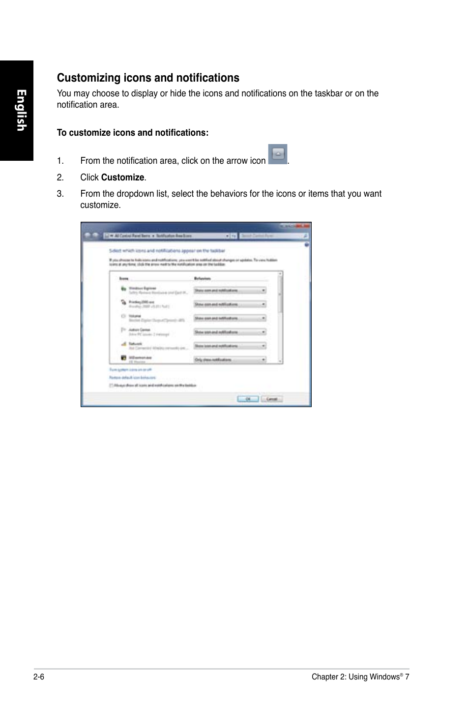English, Customizing icons and notifications | Asus CG8250 User Manual | Page 24 / 243