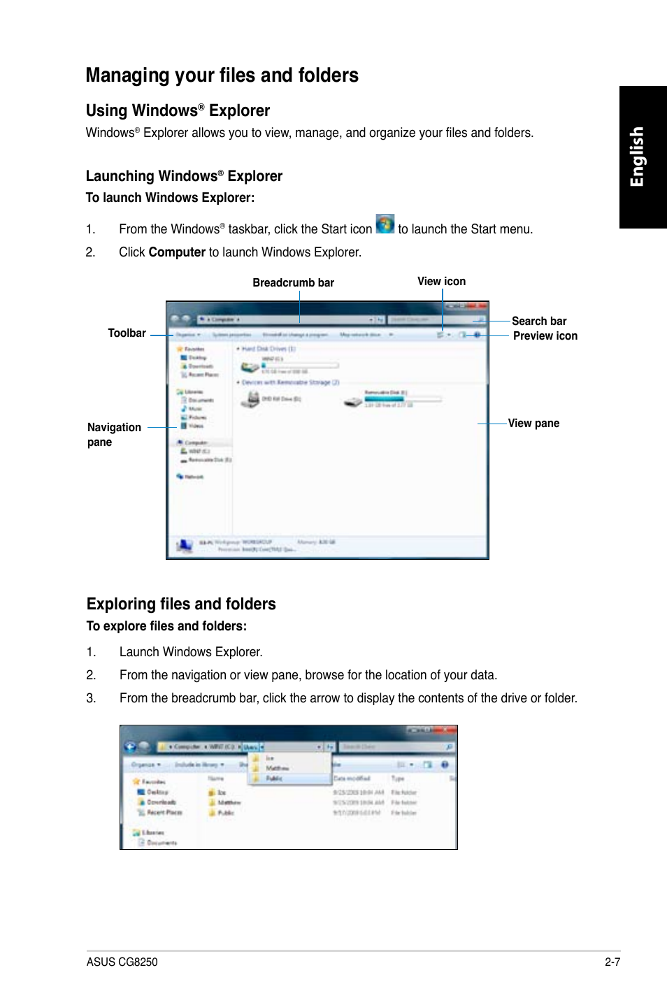 Managing your files and folders, Managing your files and folders -7, English | Using windows, Explorer, Exploring files and folders | Asus CG8250 User Manual | Page 25 / 243