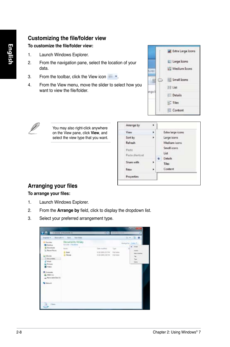 English, Customizing the file/folder view, Arranging your files | Asus CG8250 User Manual | Page 26 / 243