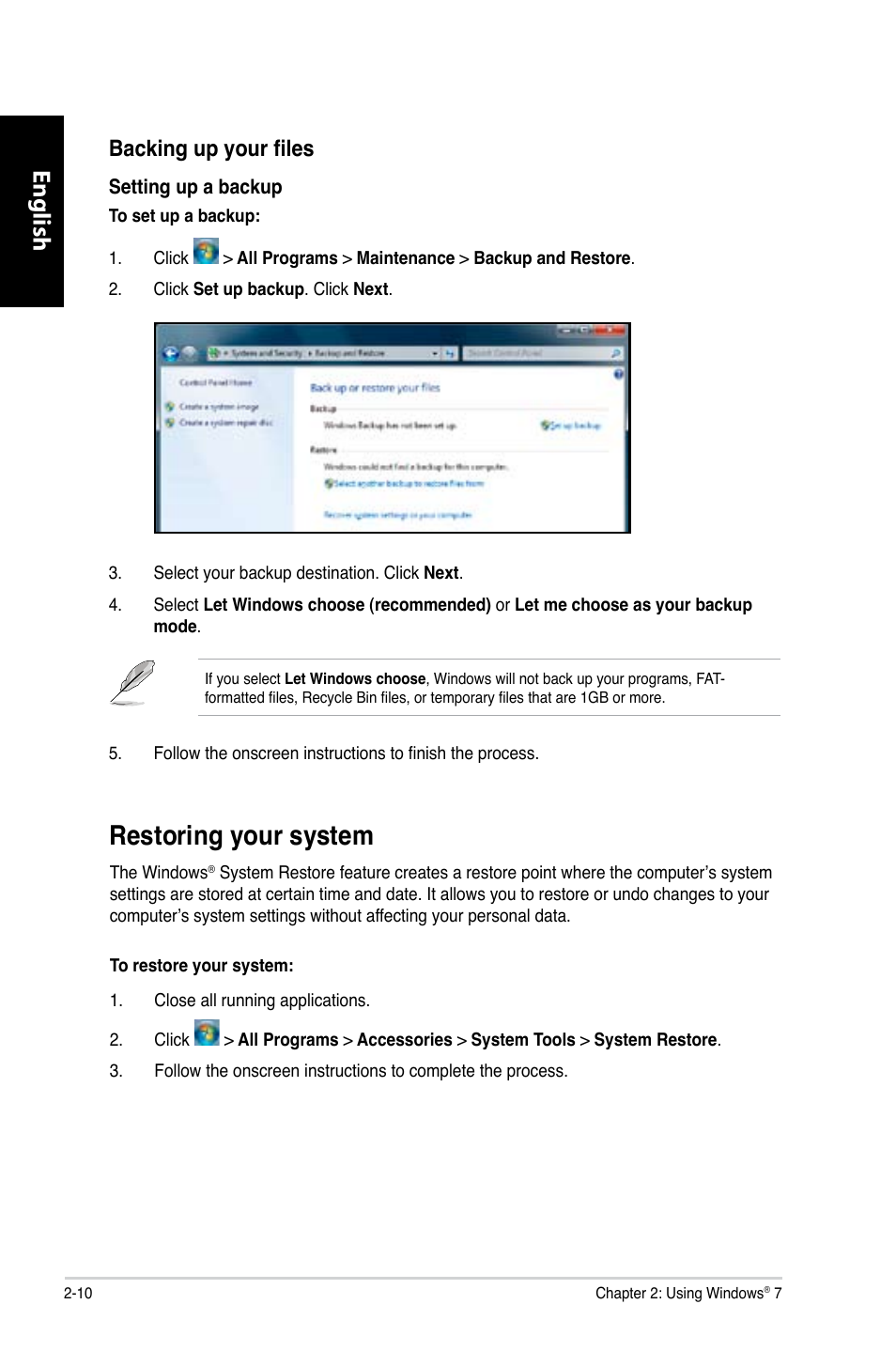 Restoring your system, Restoring your system -10, English | Backing up your files | Asus CG8250 User Manual | Page 28 / 243