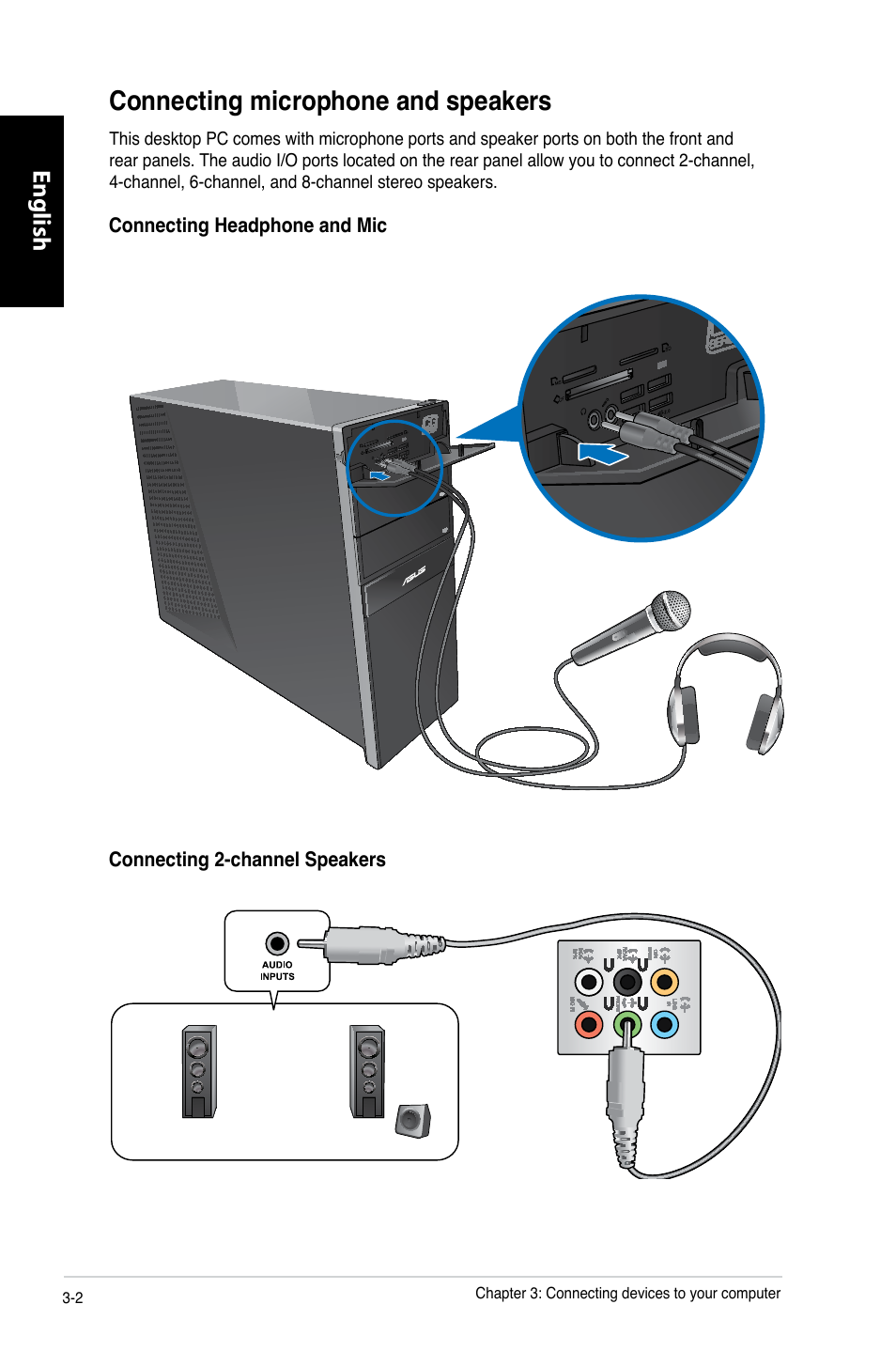 Connecting microphone and speakers, Connecting microphone and speakers -2, English | Asus CG8250 User Manual | Page 36 / 243