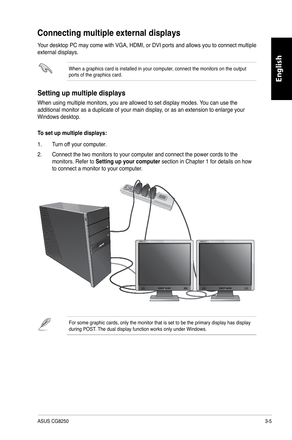 Connecting multiple external displays, Connecting multiple external displays -5, English | Setting up multiple displays | Asus CG8250 User Manual | Page 39 / 243