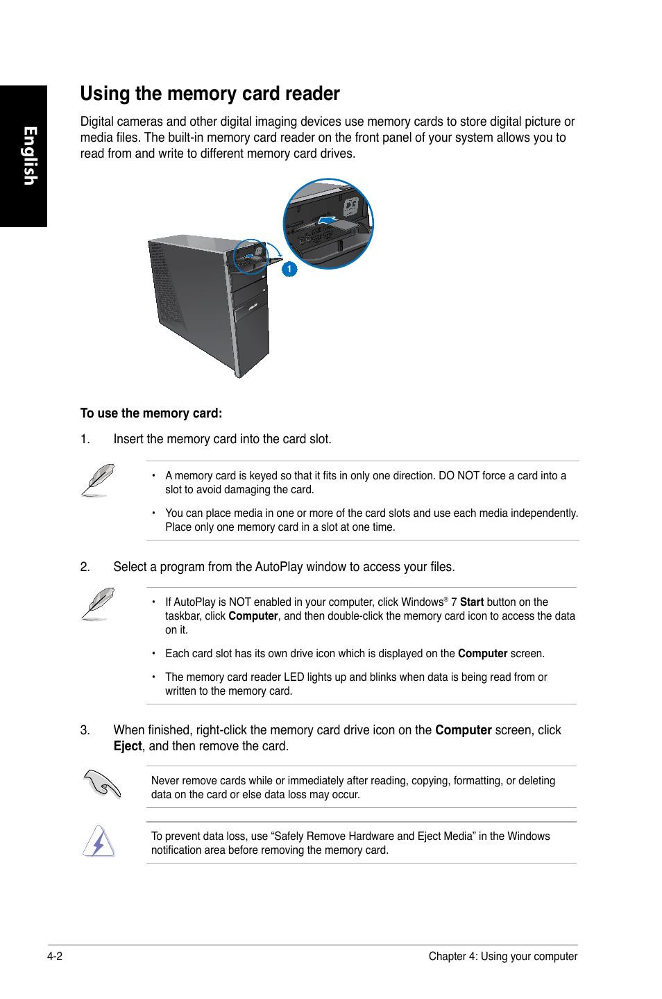 Using the memory card reader, Using the memory card reader -2, English | Asus CG8250 User Manual | Page 44 / 243