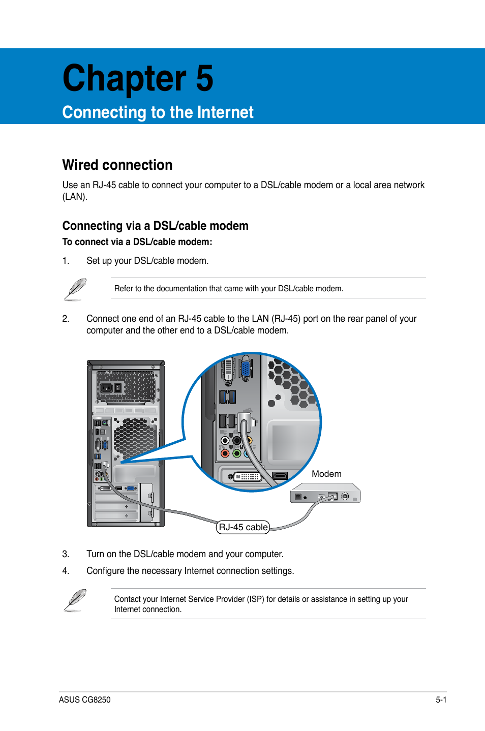 Chapter 5, Connecting to the internet, Wired connection | Wired connection -1 | Asus CG8250 User Manual | Page 51 / 243