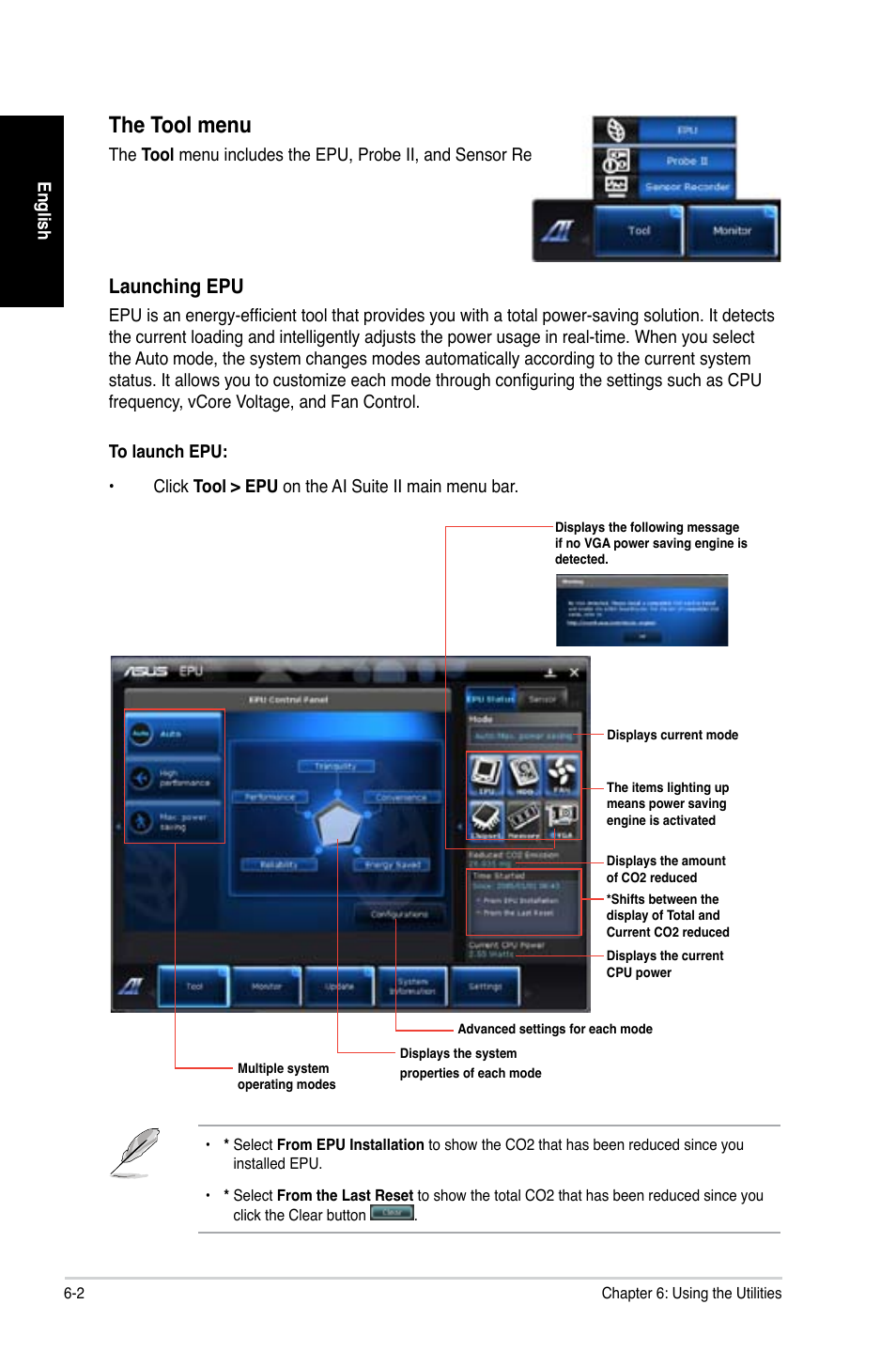 The tool menu, Launching epu | Asus CG8250 User Manual | Page 54 / 243