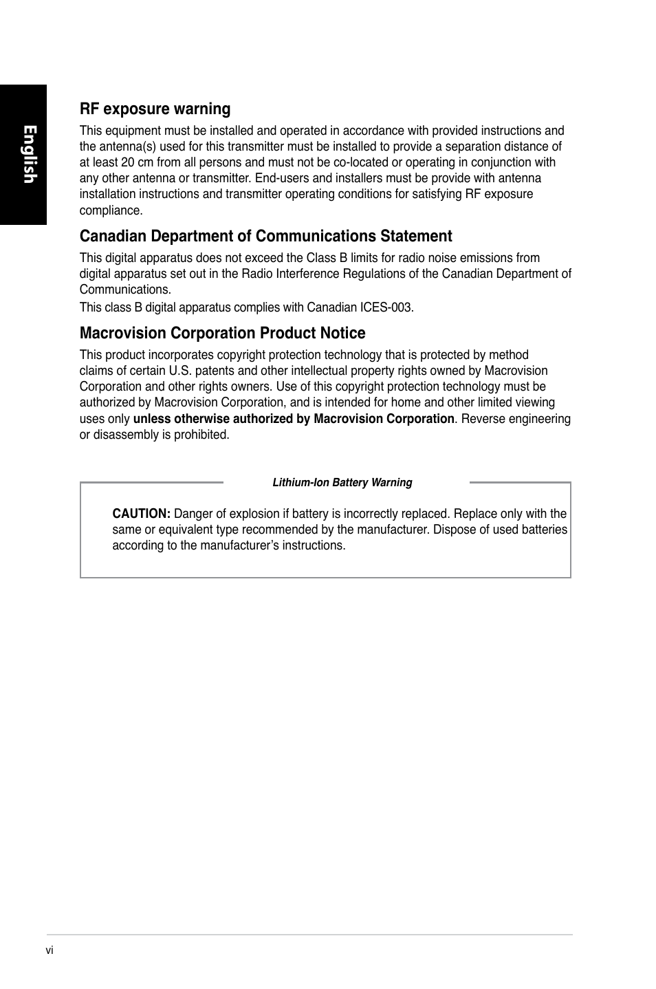 English, Rf exposure warning, Canadian department of communications statement | Macrovision corporation product notice | Asus CG8250 User Manual | Page 6 / 243