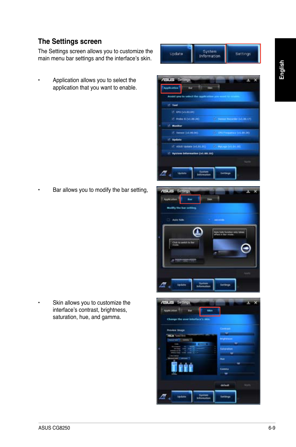 The settings screen | Asus CG8250 User Manual | Page 61 / 243