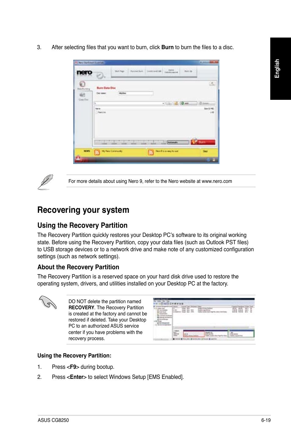Recovering your system, Recovering your system -19, Using the recovery partition | Asus CG8250 User Manual | Page 71 / 243