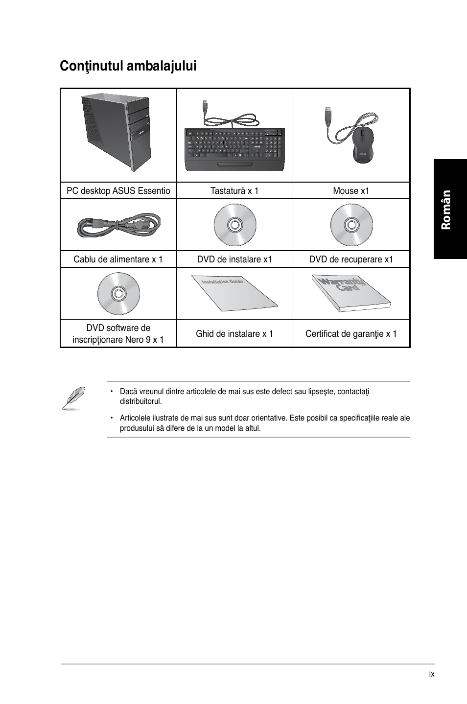 Conţinutul ambalajului, Română | Asus CG8250 User Manual | Page 89 / 243