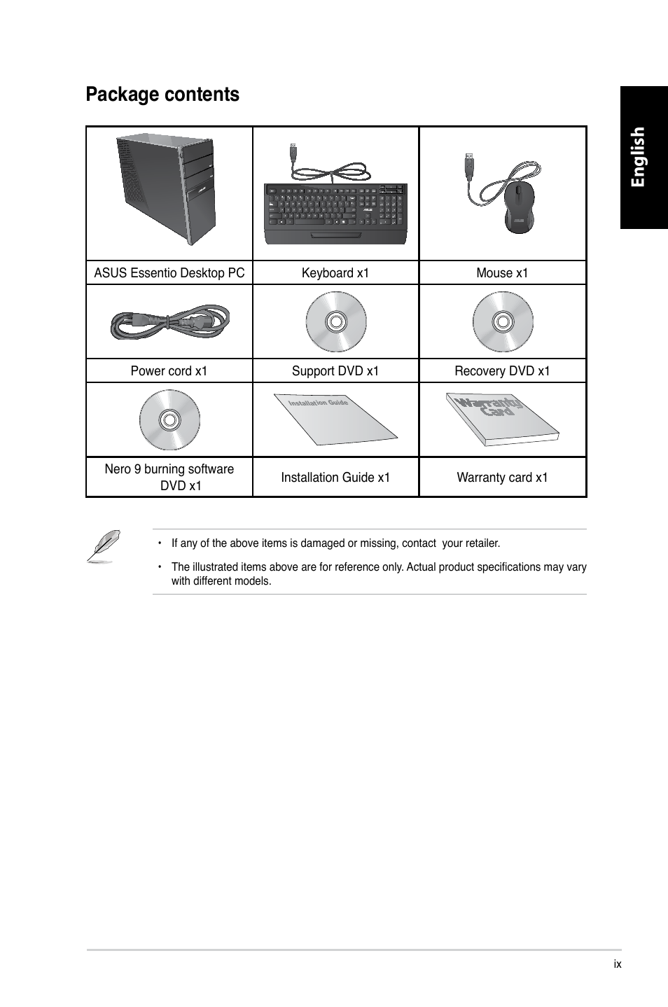 Package contents, English | Asus CG8250 User Manual | Page 9 / 243