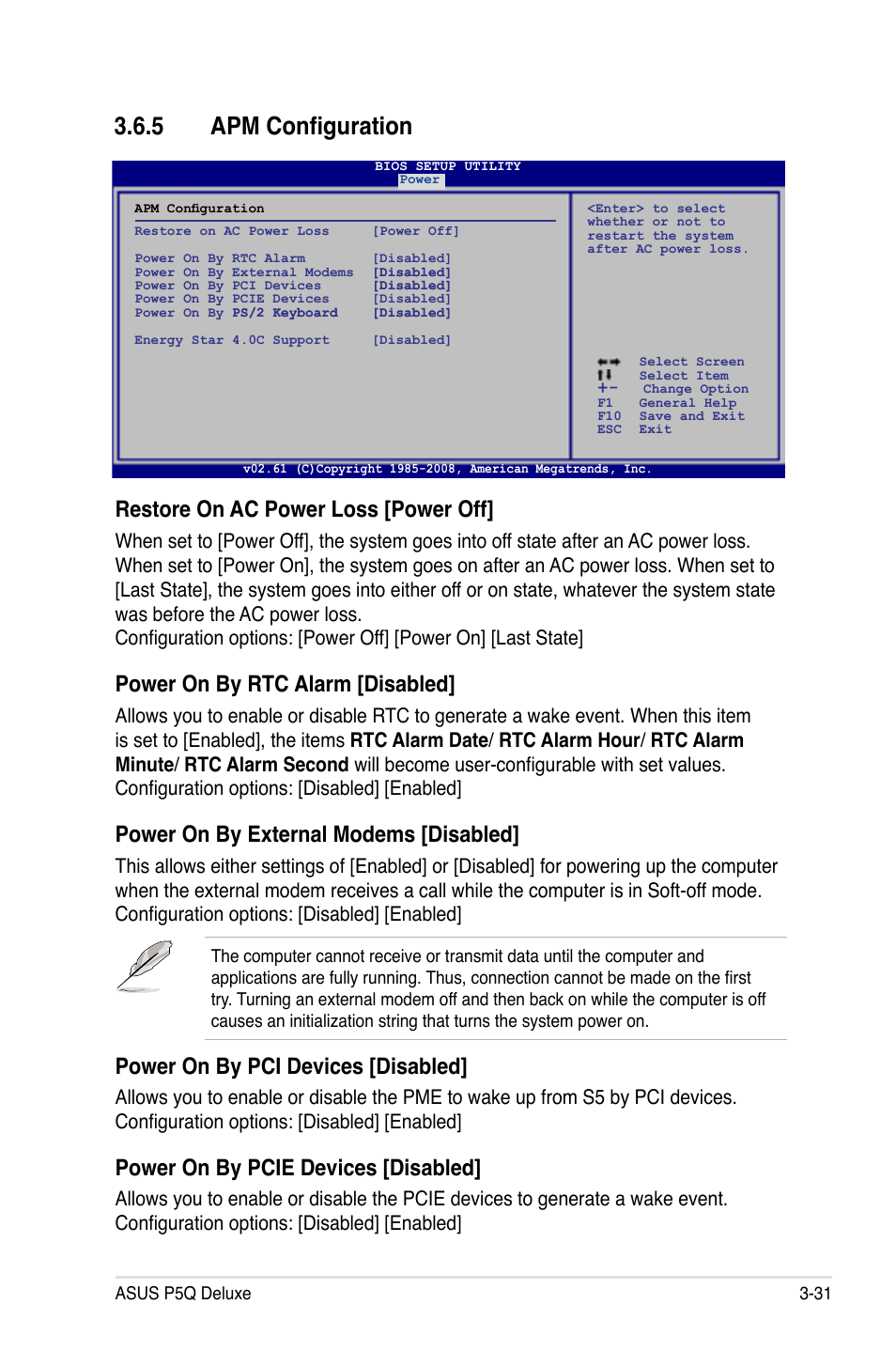 5 apm configuration, Apm configuration -31, Restore on ac power loss [power off | Power on by rtc alarm [disabled, Power on by external modems [disabled, Power on by pci devices [disabled, Power on by pcie devices [disabled | Asus P5Q Deluxe User Manual | Page 101 / 192