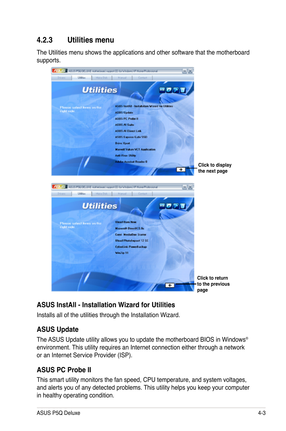 3 utilities menu, Utilities menu -3, Asus install - installation wizard for utilities | Asus update, Asus pc probe ii | Asus P5Q Deluxe User Manual | Page 119 / 192