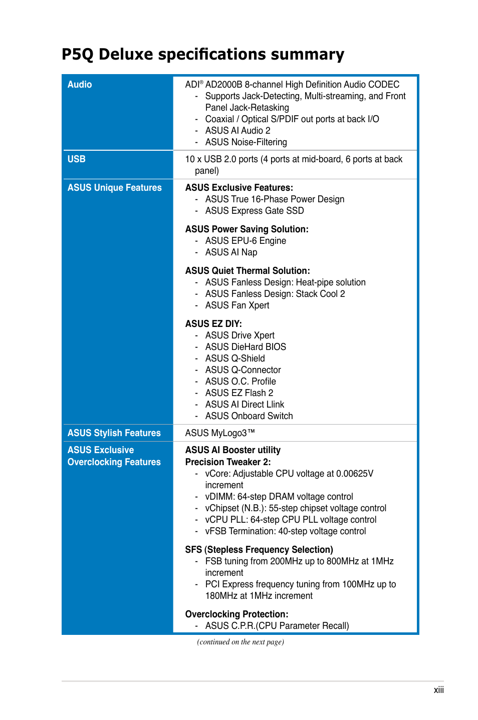 P5q deluxe specifications summary | Asus P5Q Deluxe User Manual | Page 13 / 192