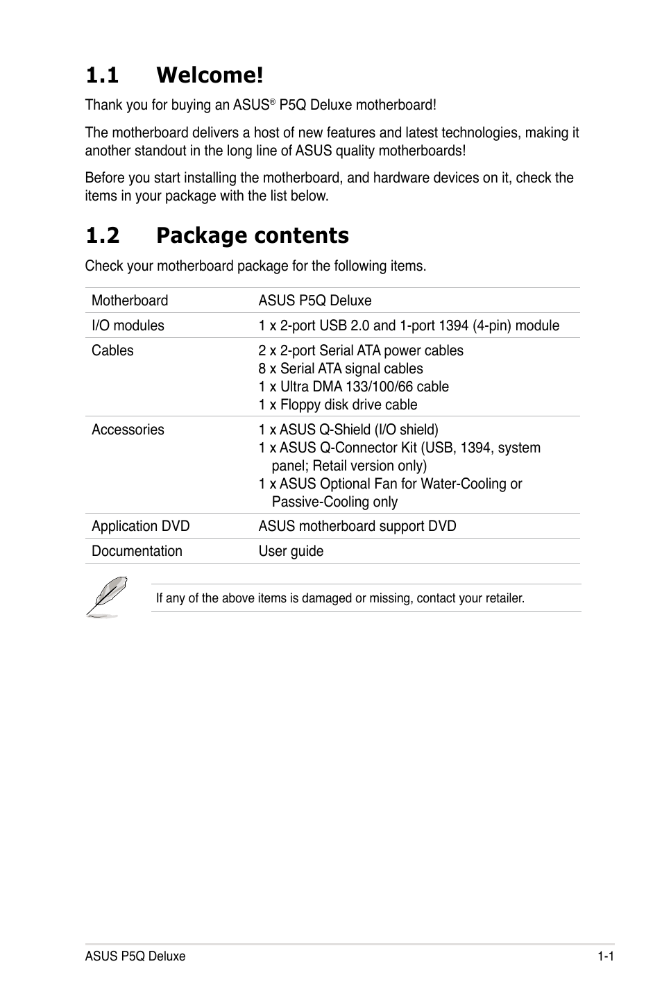 1 welcome, 2 package contents, Welcome! -1 | Package contents -1 | Asus P5Q Deluxe User Manual | Page 17 / 192