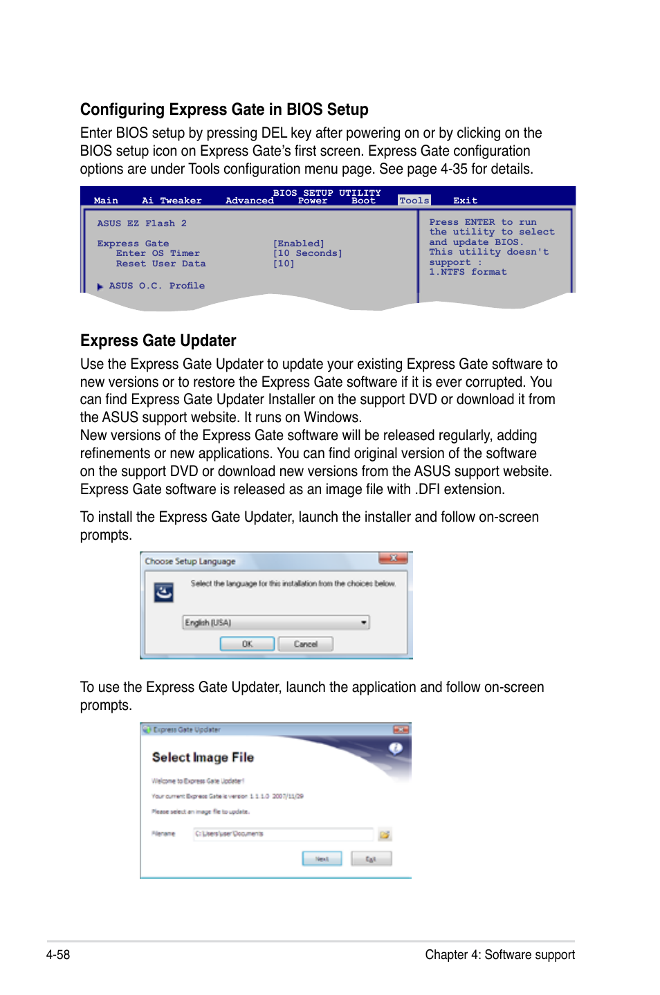 Configuring express gate in bios setup, Express gate updater | Asus P5Q Deluxe User Manual | Page 174 / 192