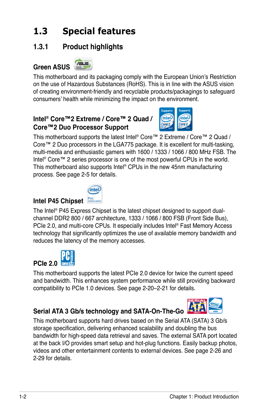 3 special features, 1 product highlights, Special features -2 1.3.1 | Product highlights -2 | Asus P5Q Deluxe User Manual | Page 18 / 192