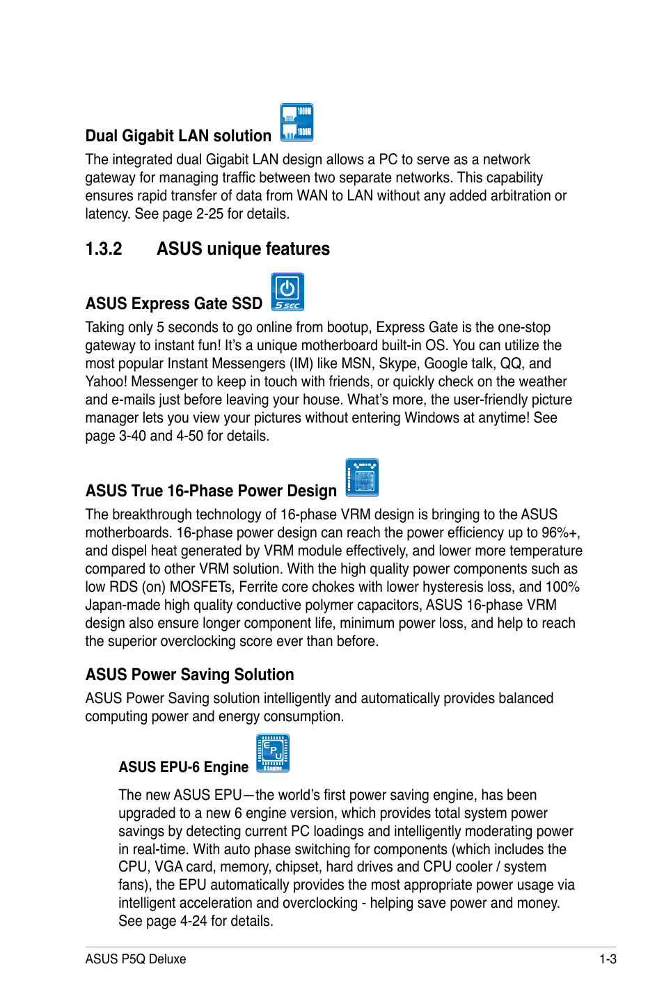 2 asus unique features, Asus unique features -3 | Asus P5Q Deluxe User Manual | Page 19 / 192