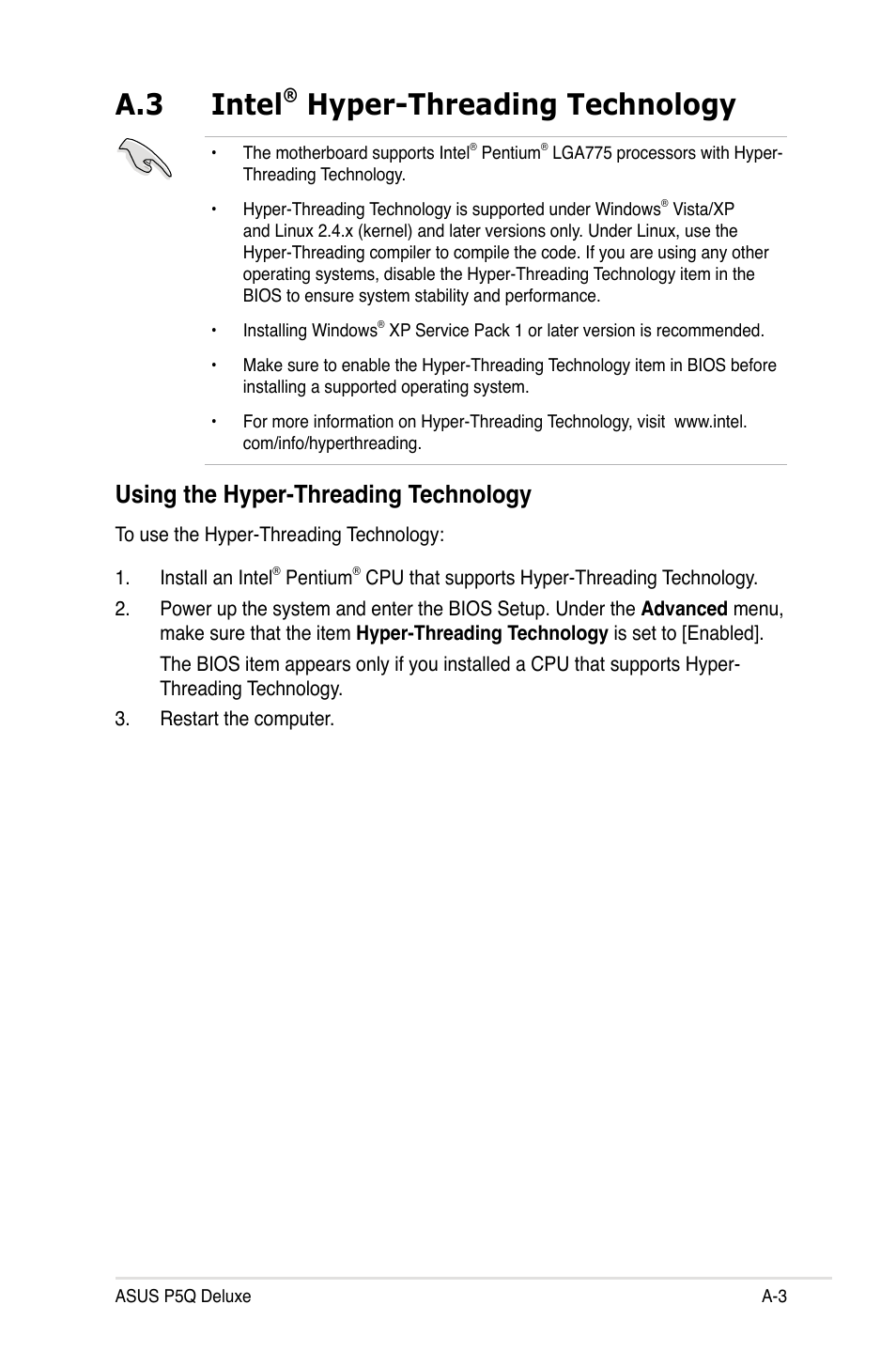 A.3 intel® hyper-threading technology, Using the hyper-threading technology, Intel | A.3 intel, Hyper-threading technology | Asus P5Q Deluxe User Manual | Page 191 / 192