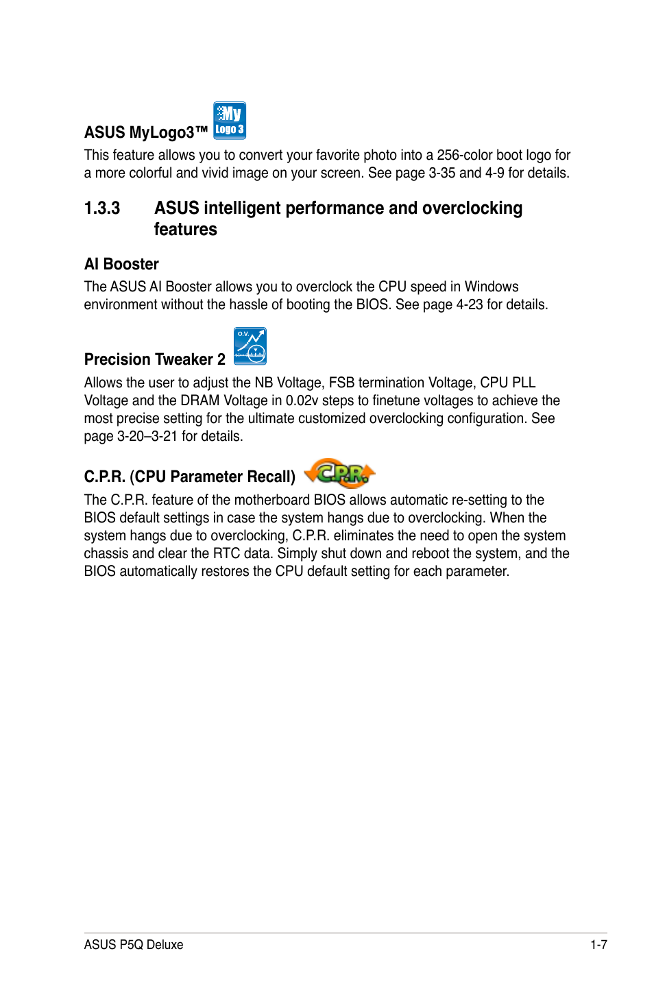 Asus intelligent performance and, Overclocking features -7 | Asus P5Q Deluxe User Manual | Page 23 / 192