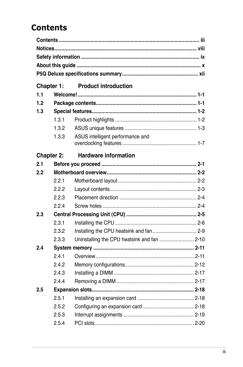 Asus P5Q Deluxe User Manual | Page 3 / 192