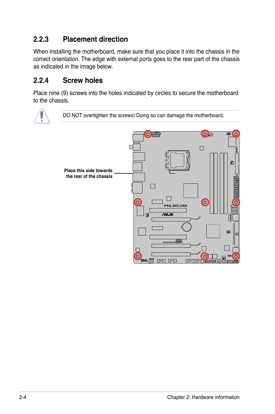 3 placement direction, 4 screw holes, Placement direction -4 | Screw holes -4 | Asus P5Q Deluxe User Manual | Page 30 / 192