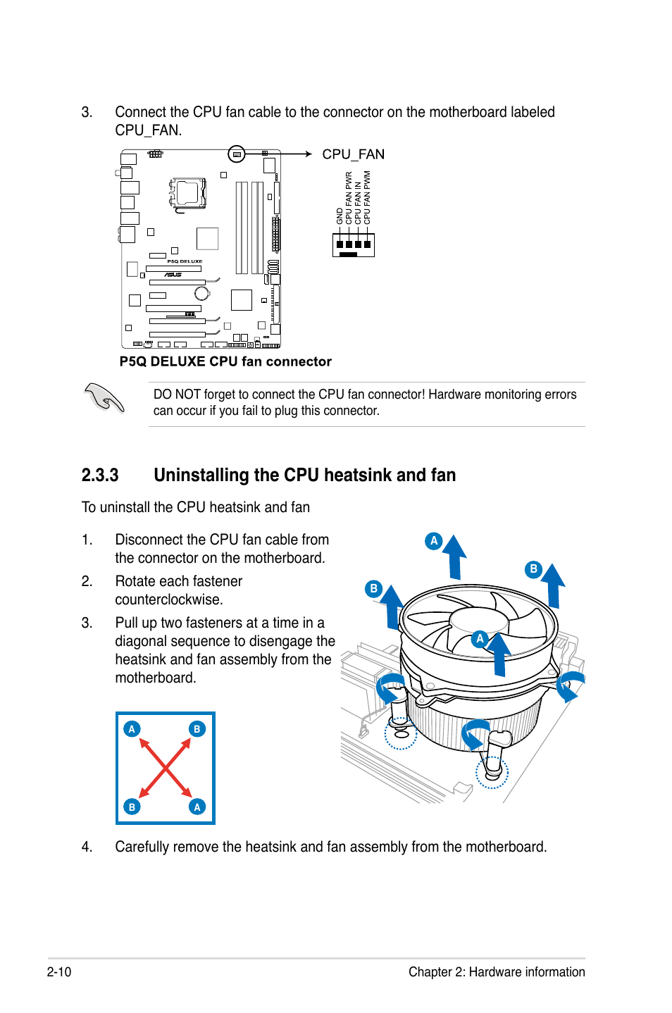 3 uninstalling the cpu heatsink and fan, Uninstalling the cpu heatsink and fan -10 | Asus P5Q Deluxe User Manual | Page 36 / 192