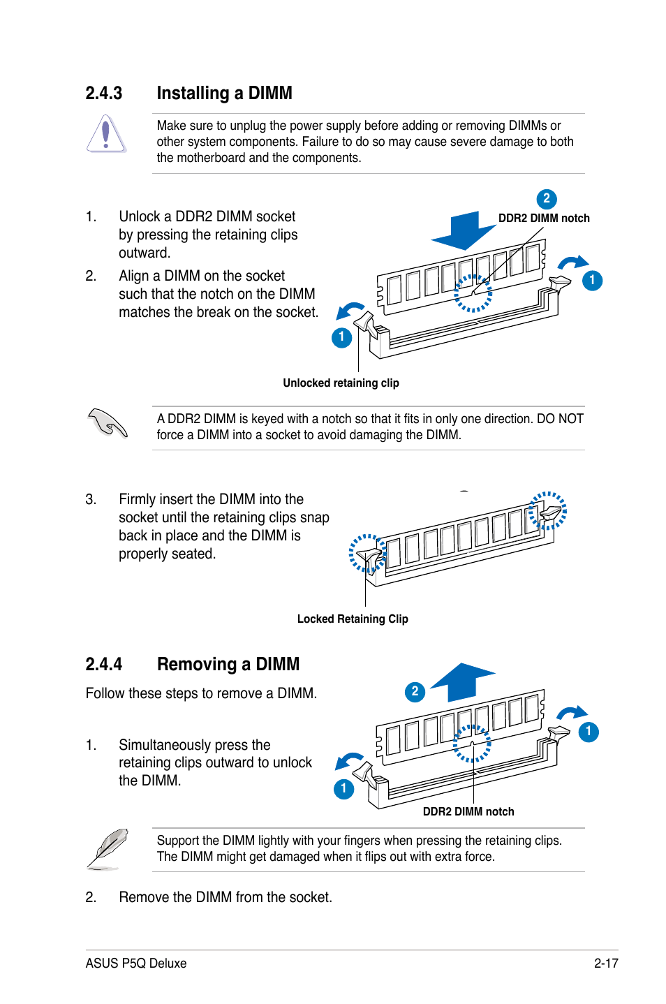 3 installing a dimm, 4 removing a dimm, Installing a dimm -17 | Removing a dimm -17 | Asus P5Q Deluxe User Manual | Page 43 / 192