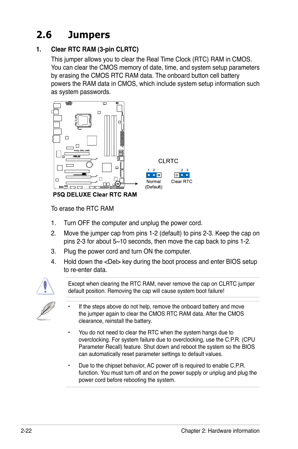 6 jumpers, Jumpers -22 | Asus P5Q Deluxe User Manual | Page 48 / 192