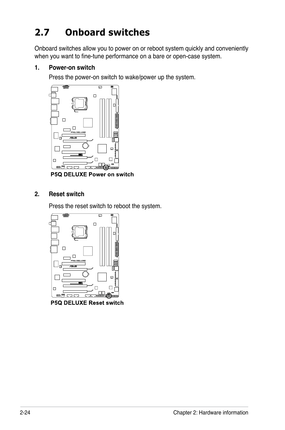 7 onboard switches, Onboard switches -24 | Asus P5Q Deluxe User Manual | Page 50 / 192