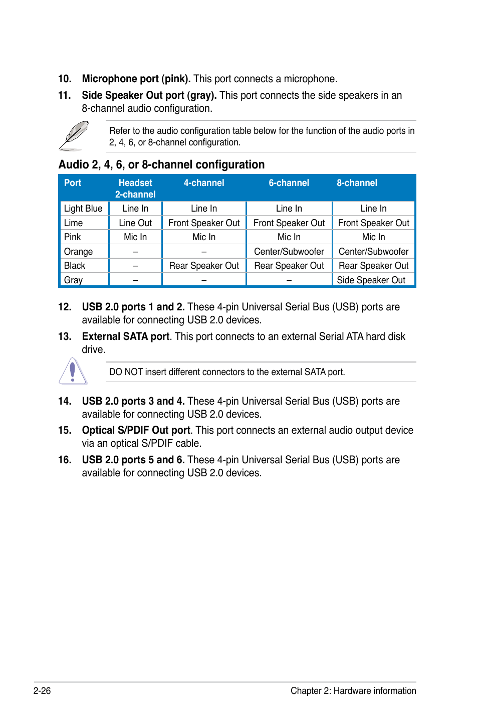 Audio 2, 4, 6, or 8-channel configuration | Asus P5Q Deluxe User Manual | Page 52 / 192