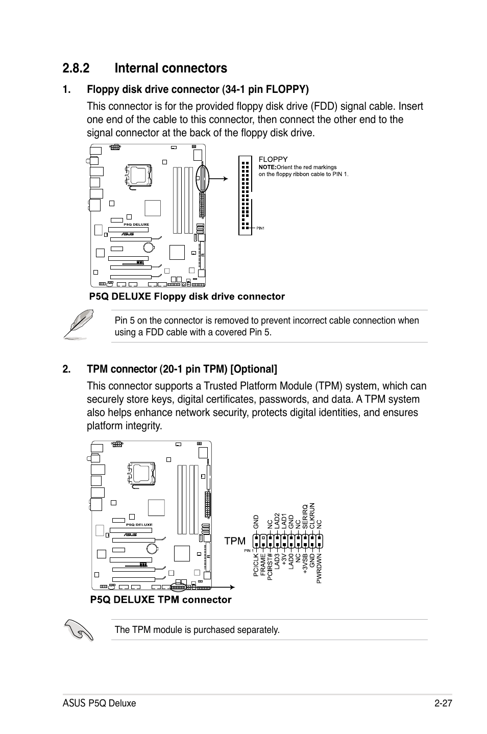 2 internal connectors, Internal connectors -27 | Asus P5Q Deluxe User Manual | Page 53 / 192