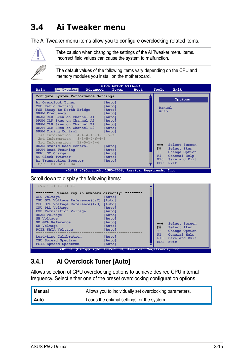 4 ai tweaker menu, 1 ai overclock tuner [auto, Ai tweaker menu -15 3.4.1 | Ai overclock tuner -15, Scroll down to display the following items, Asus p5q deluxe 3-15 | Asus P5Q Deluxe User Manual | Page 85 / 192