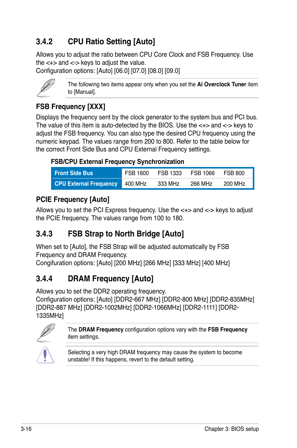 2 cpu ratio setting [auto, 3 fsb strap to north bridge [auto, 4 dram frequency [auto | Cpu ratio setting -16, Fsb strap to north bridge -16, Dram frequency -16 | Asus P5Q Deluxe User Manual | Page 86 / 192