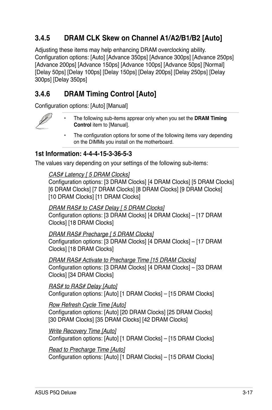 5 dram clk skew on channel a1/a2/b1/b2 [auto, 6 dram timing control [auto, Dram clk skew on channel a1/a2/b1/b2 -17 | Dram timing control -17 | Asus P5Q Deluxe User Manual | Page 87 / 192