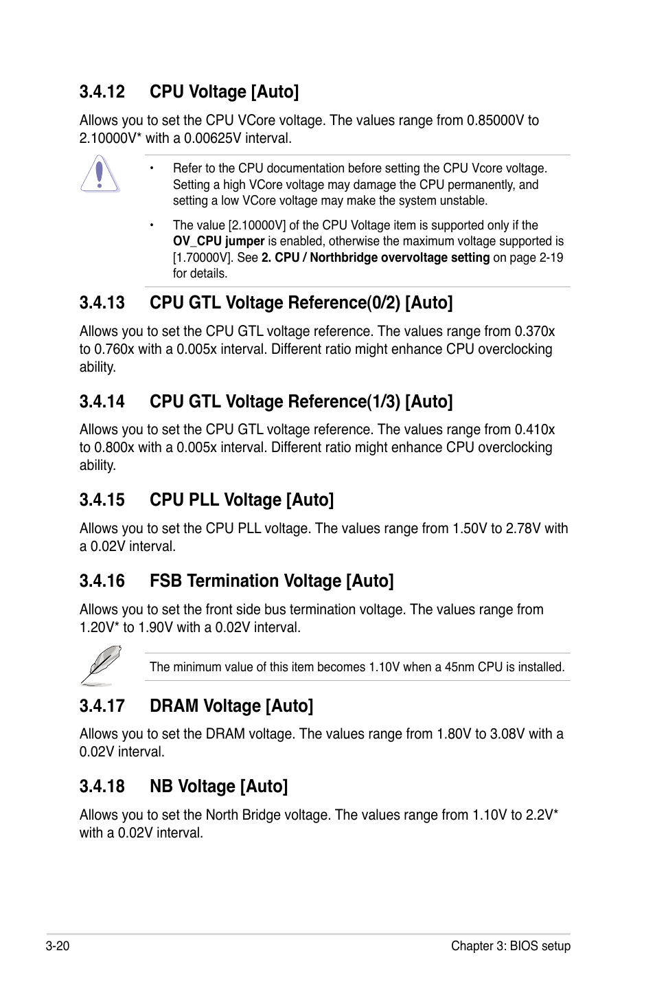 12 cpu voltage [auto, 13 cpu gtl voltage reference(0/2) [auto, 14 cpu gtl voltage reference(1/3) [auto | 15 cpu pll voltage [auto, 16 fsb termination voltage [auto, 17 dram voltage [auto, 18 nb voltage [auto | Asus P5Q Deluxe User Manual | Page 90 / 192