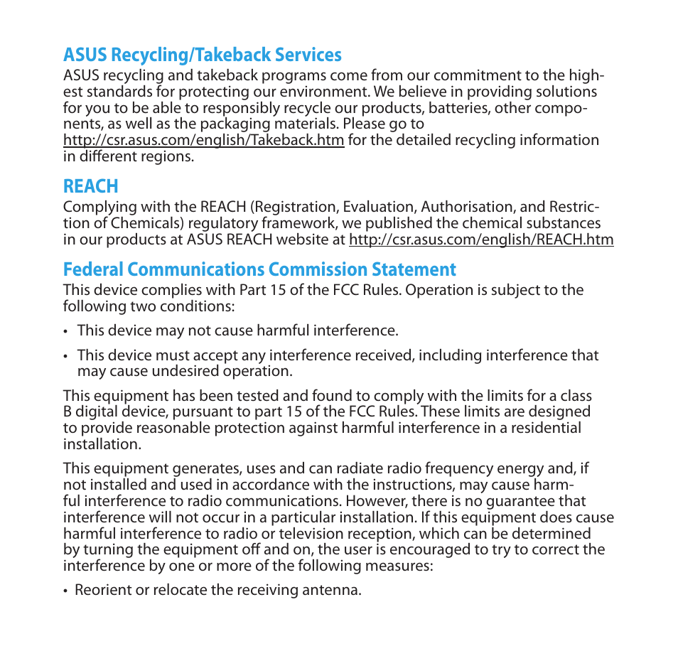 Asus recycling/takeback services, Reach, Federal communications commission statement | Asus EA-N66R User Manual | Page 11 / 14