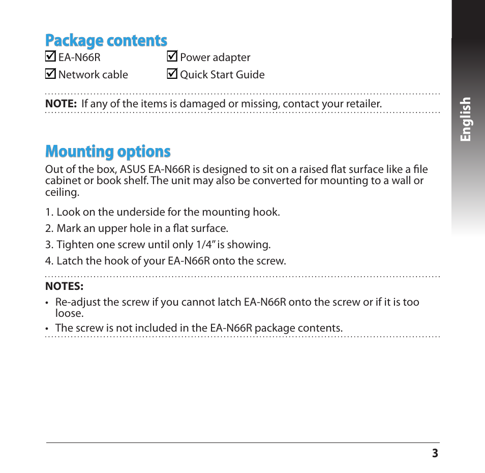 Package contents, Mounting options, English | Asus EA-N66R User Manual | Page 3 / 14