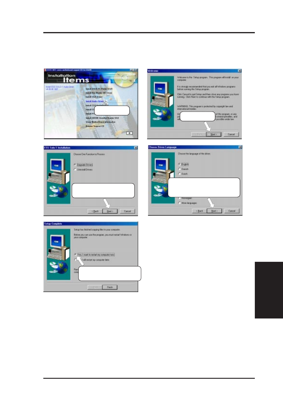 Software setup, 6 install audio driver, Only with onboard audio option) | Asus MES User Manual | Page 79 / 104