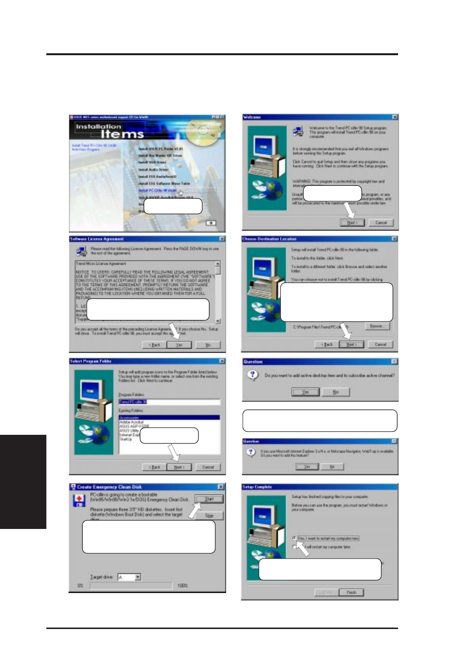 Software setup, 9 install pc-cillin 98 vx.xx | Asus MES User Manual | Page 82 / 104