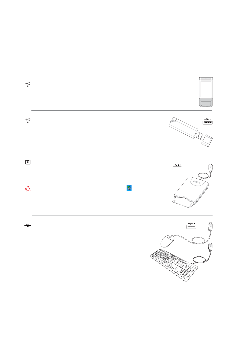 Optional accessories (cont.), Wireless lan pc card, Wireless lan usb adapter | Usb floppy disk drive, Usb keyboard and mouse | Asus A7Vc User Manual | Page 57 / 76