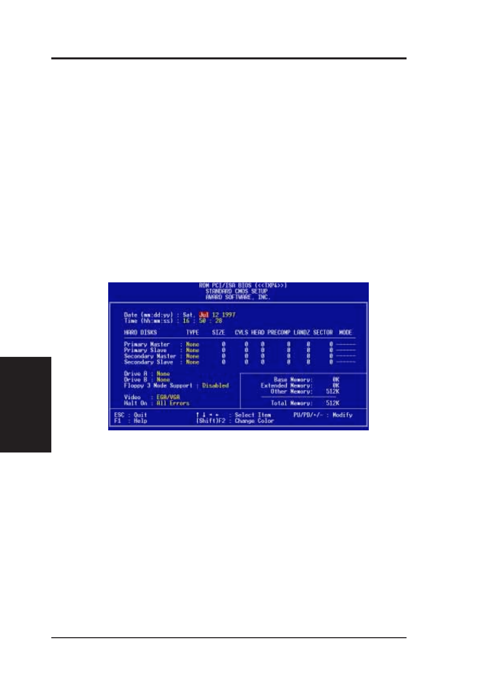 Iv. bios software, Standard cmos setup | Asus TXP4 User Manual | Page 38 / 64