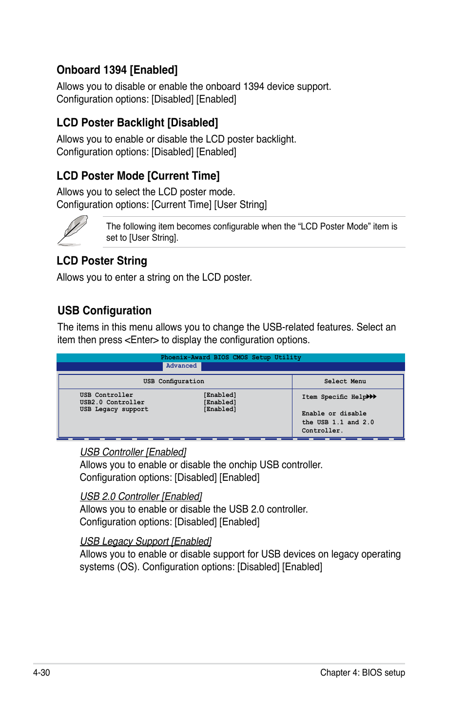 Onboard 1394 [enabled, Lcd poster backlight [disabled, Lcd poster mode [current time | Lcd poster string, Usb configuration | Asus Striker User Manual | Page 100 / 162