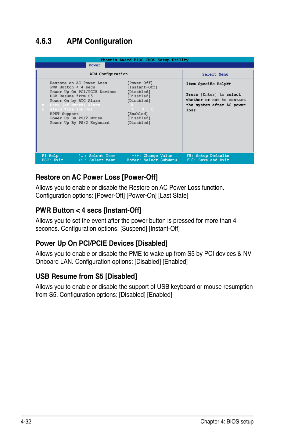 3 apm configuration, Restore on ac power loss [power-off, Pwr button < 4 secs [instant-off | Power up on pci/pcie devices [disabled, Usb resume from s5 [disabled | Asus Striker User Manual | Page 102 / 162