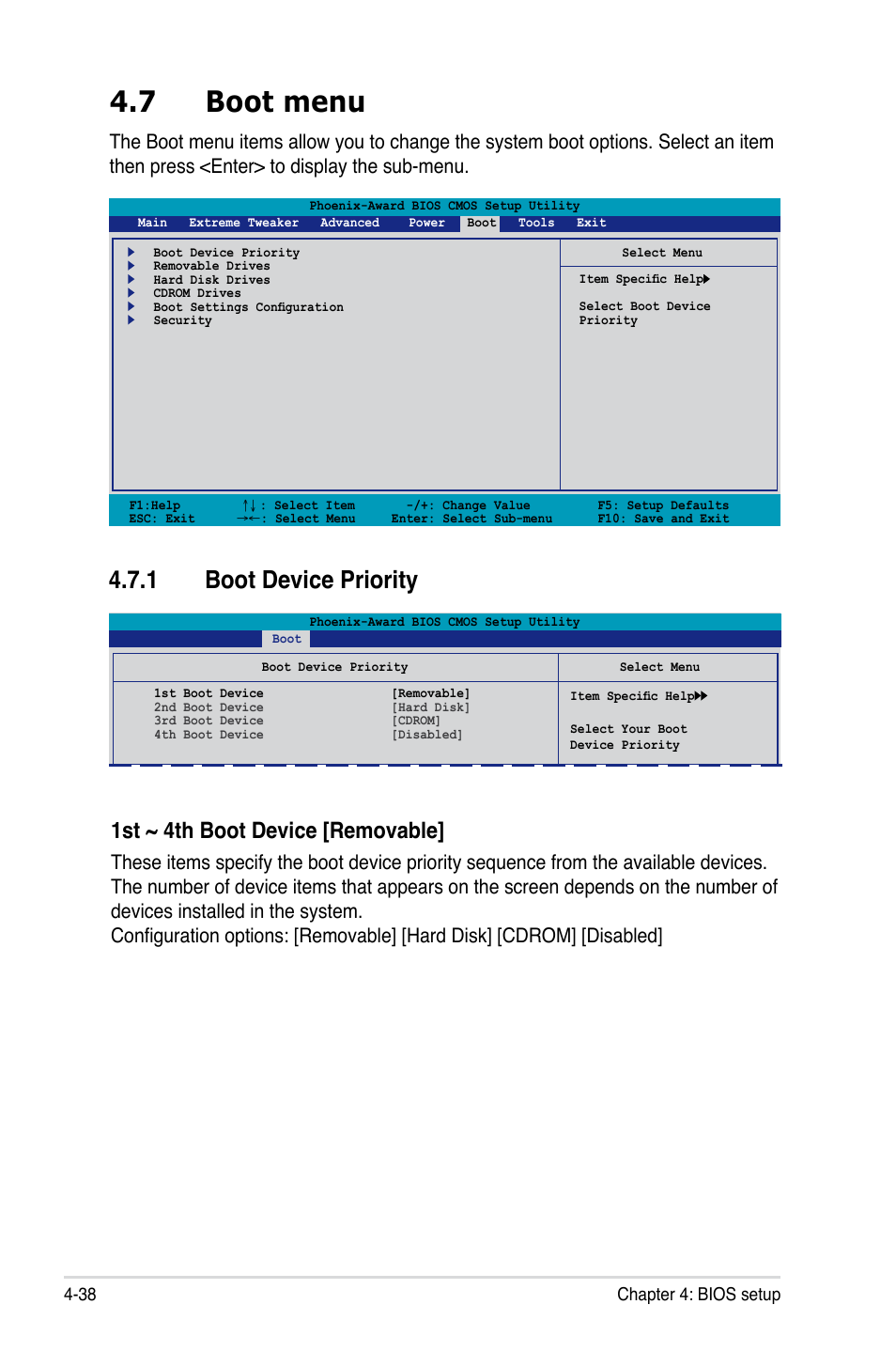7 boot menu, 1 boot device priority, 1st ~ 4th boot device [removable | Asus Striker User Manual | Page 108 / 162