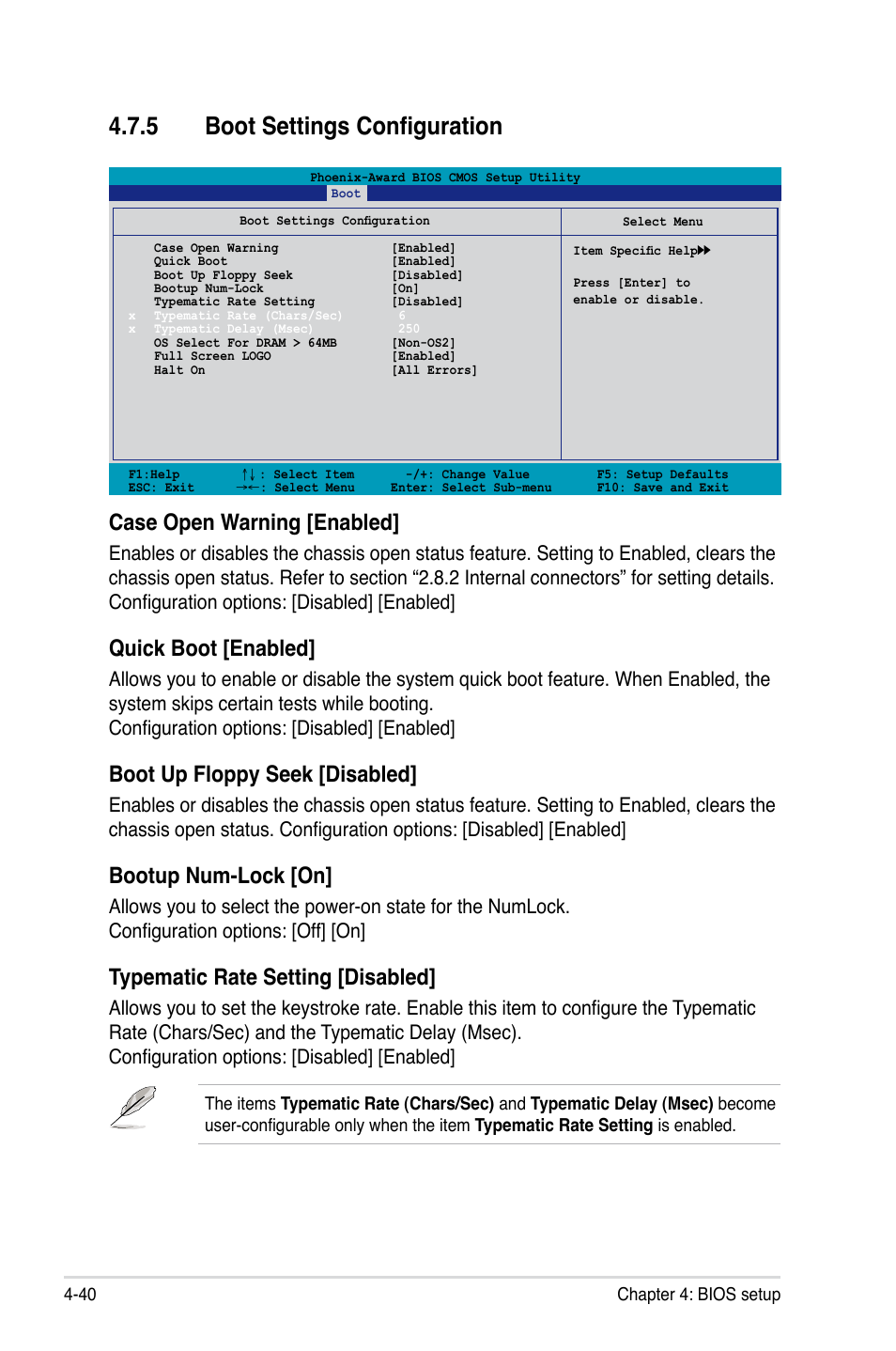 5 boot settings configuration, Case open warning [enabled, Quick boot [enabled | Boot up floppy seek [disabled, Bootup num-lock [on, Typematic rate setting [disabled | Asus Striker User Manual | Page 110 / 162