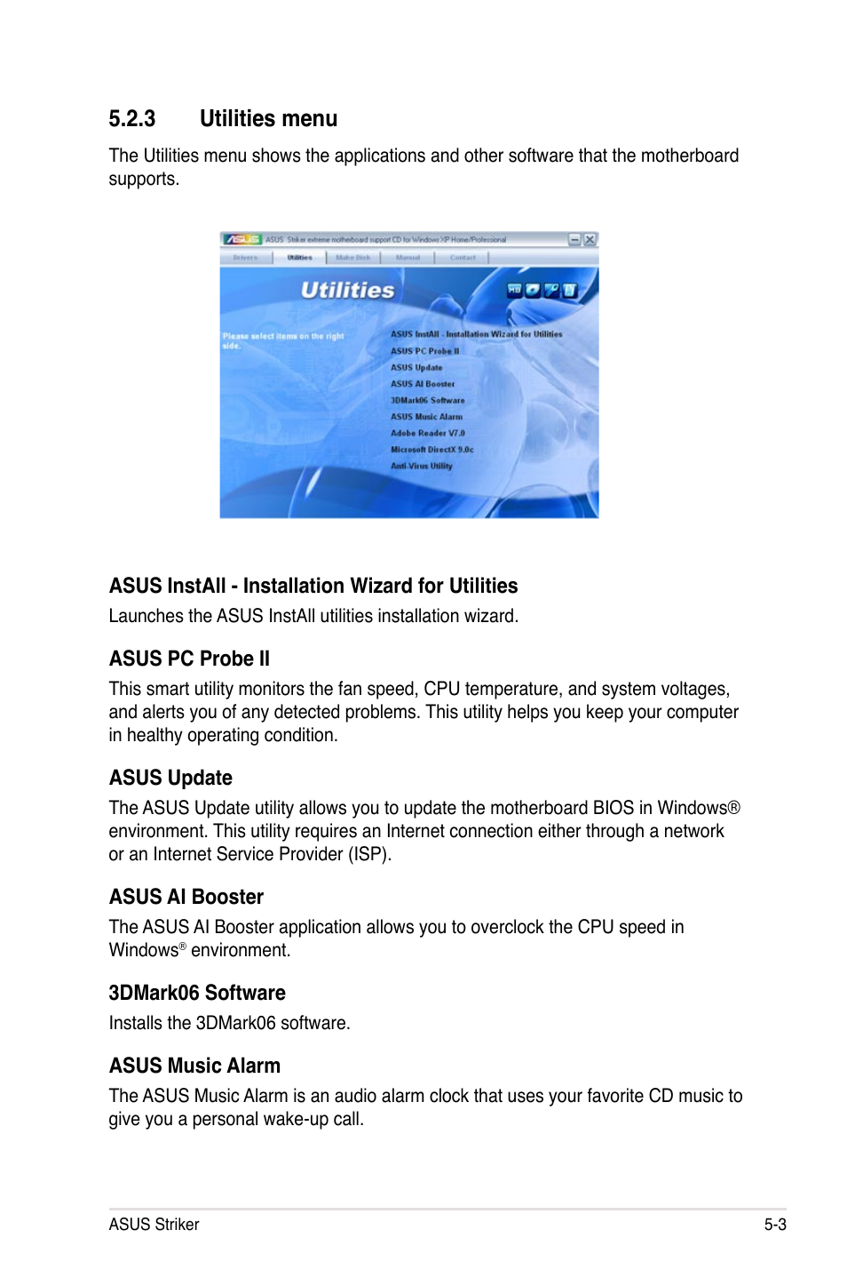 3 utilities menu | Asus Striker User Manual | Page 123 / 162