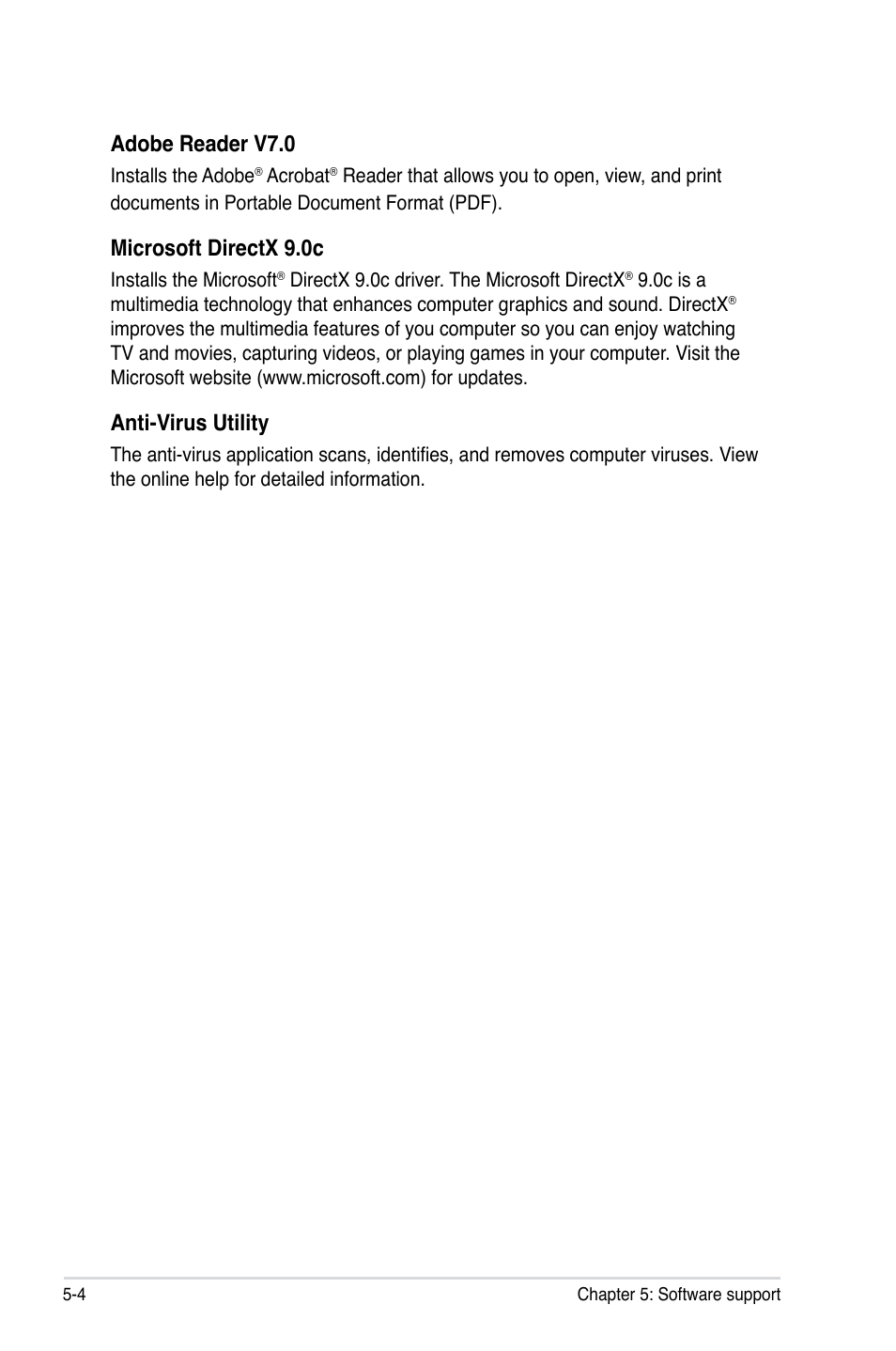 Adobe reader v7.0, Microsoft directx 9.0c, Anti-virus utility | Asus Striker User Manual | Page 124 / 162